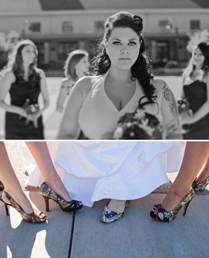 Custom DIY comic book heels at a wedding in Livermore, California