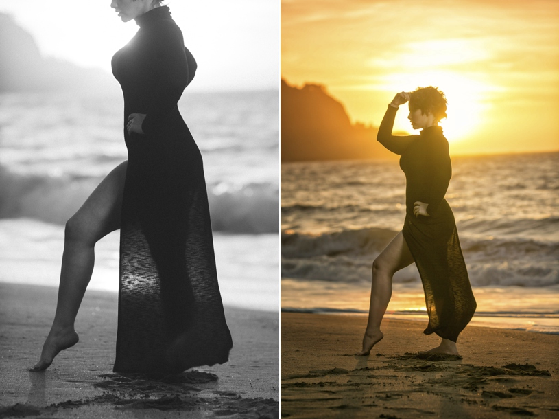 Sunset boudoir session of Elly Mayday at Baker Beach in San Francisco by Matthew Leland